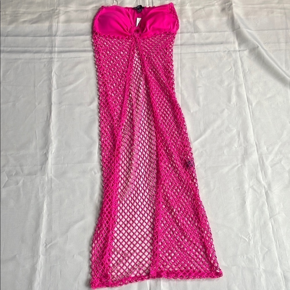Vibrant Pink Mesh Open Front Swim Cover-Up Dress - Picture 8 of 9